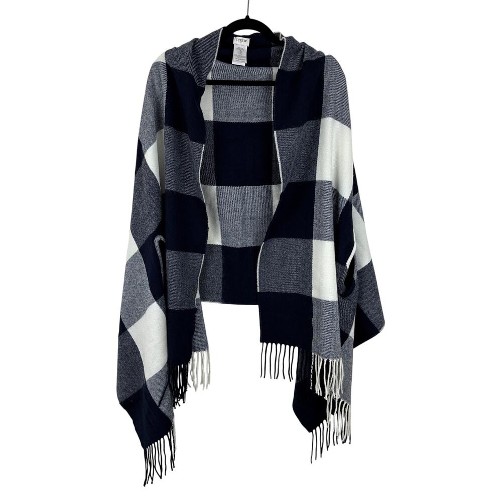 J. Crew Factory Plaid cape-scarf Blue White Buffalo Check Fringe Shawl H2857